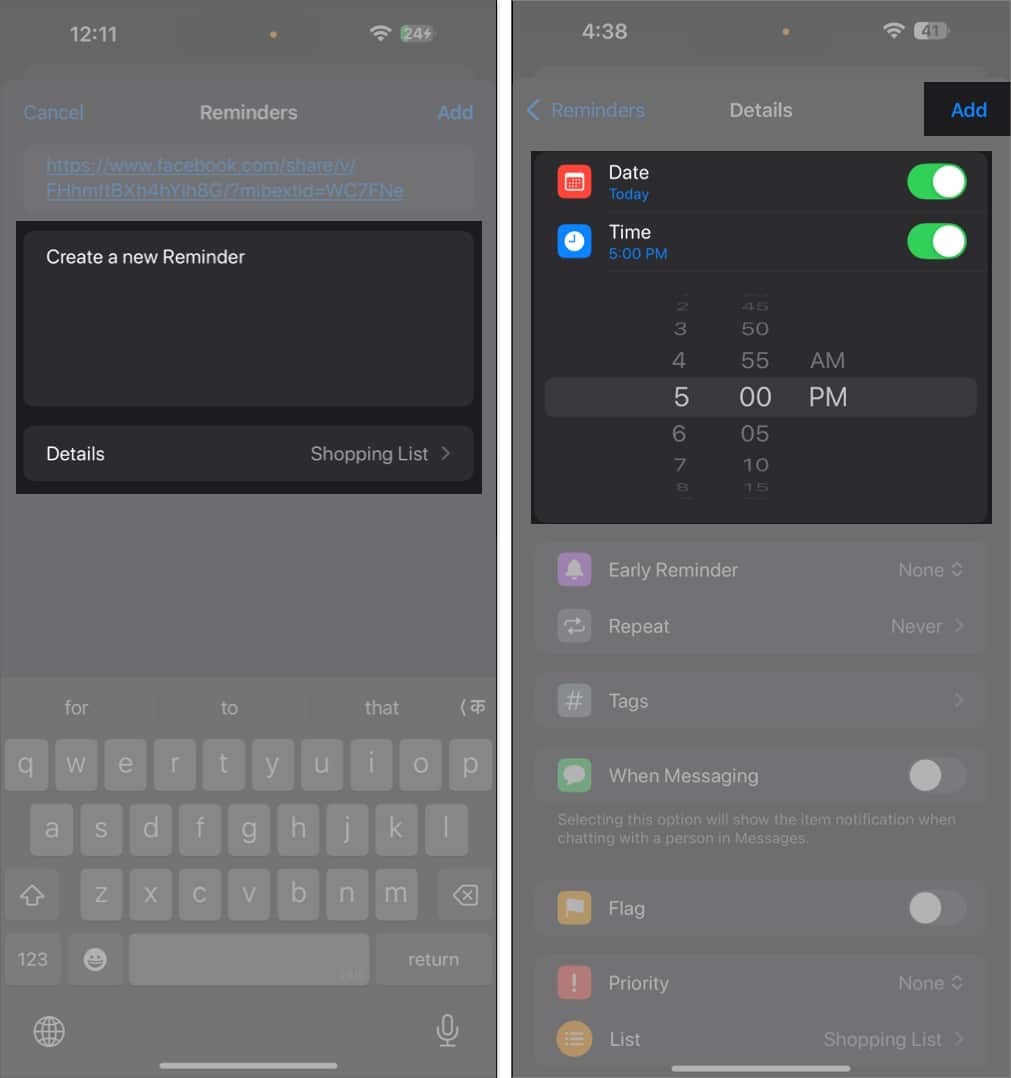 Adjusting the reminder settings on an iPhone.