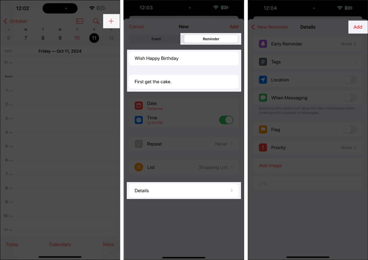 Creating a reminder in the Calendar app on an iPhone.