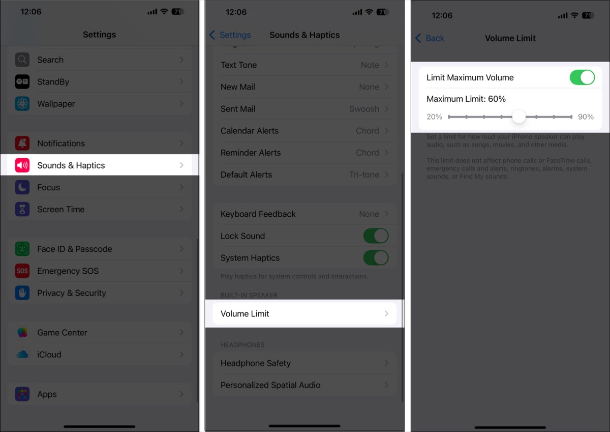 Limit Maximum Volume enabled in iPhone speaker settings.