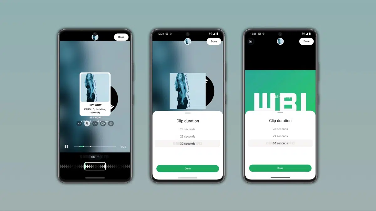 WhatsApp Status music editor showing the 30-second clip duration picker