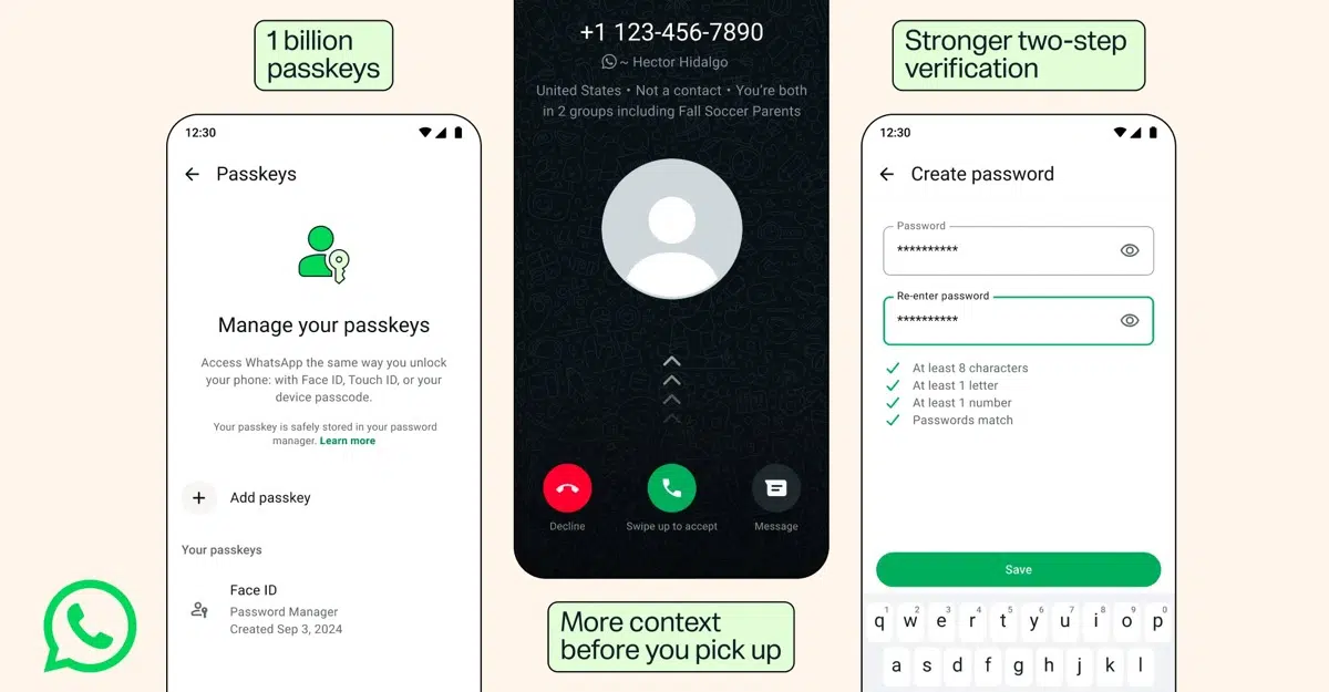 Three smartphone screens: left shows 'Manage your passkeys' with an 'Add passkey' option; middle shows an incoming call screen with a phone number; right shows a 'Create password' form with two password fields and a green Save button.